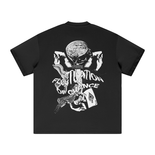Black t-shirt with white graphic print.