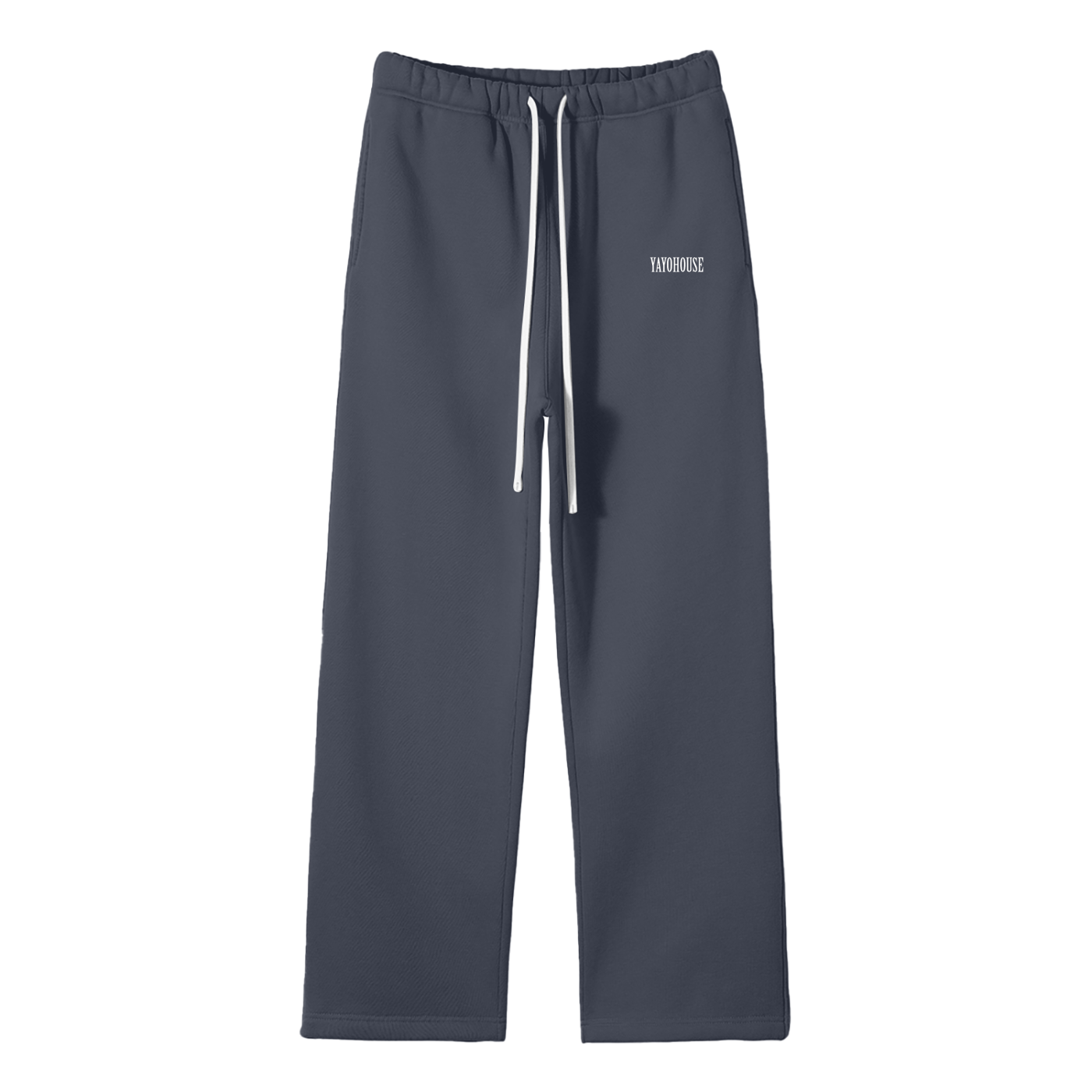 Dark gray sweatpants with white drawstring.

