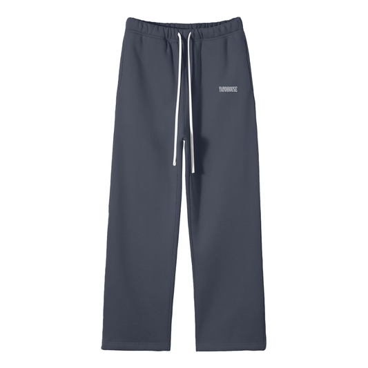 Dark gray sweatpants with white drawstring.
