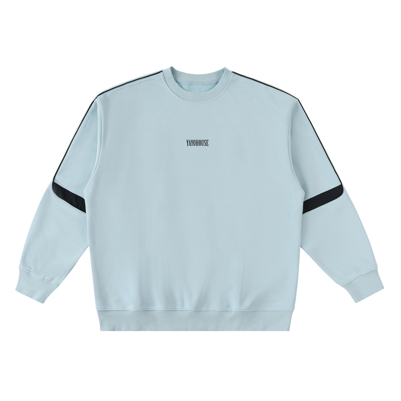 Light blue sweatshirt with black shoulder stripes.