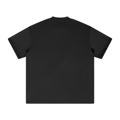 Back of a black short-sleeve t-shirt.
