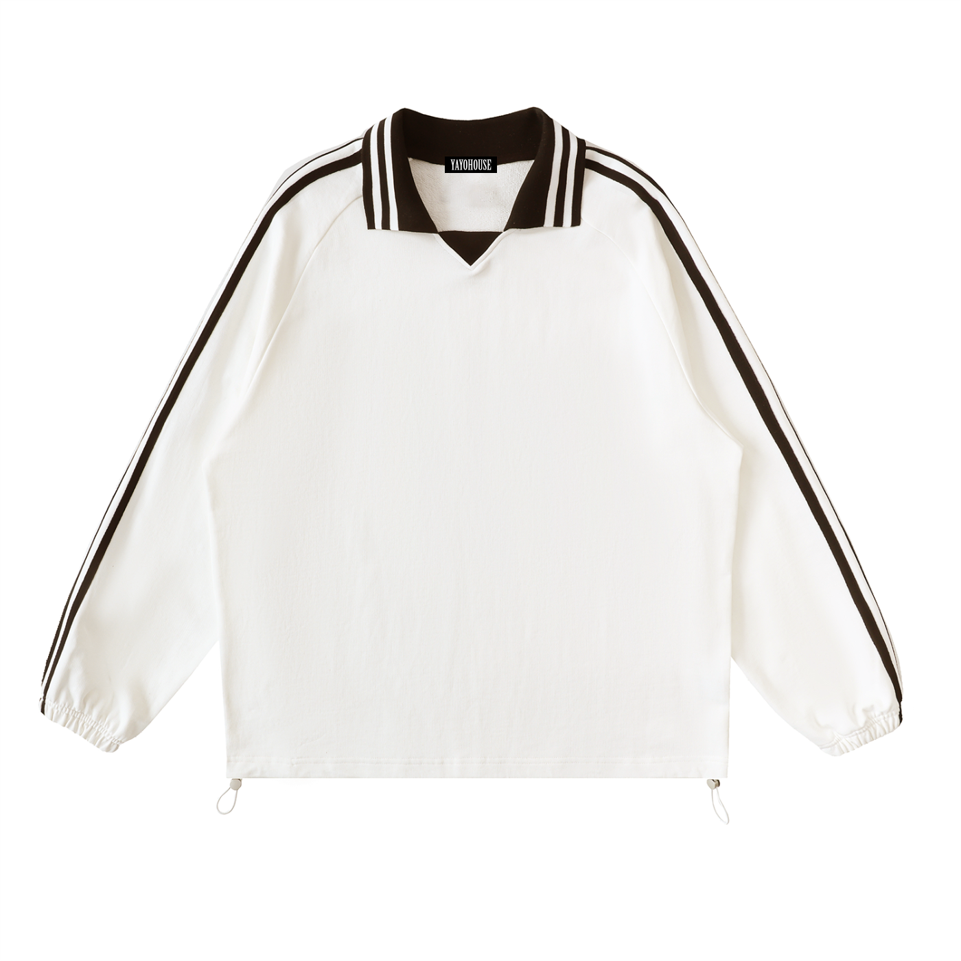White long-sleeved top with black stripes.
