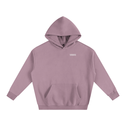 Mauve hooded sweatshirt with front pocket.