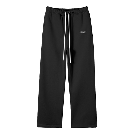 Black sweatpants with white drawstring.