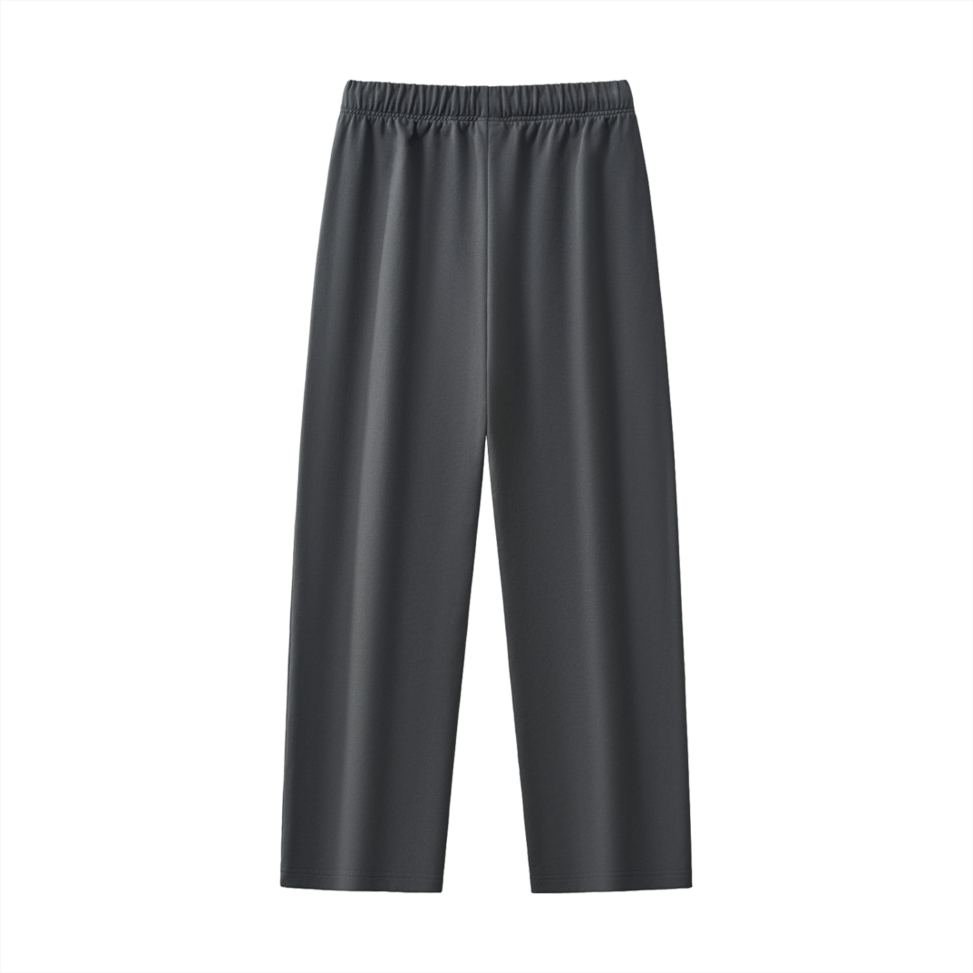 Gray wide-legged pants with elastic waistband.
