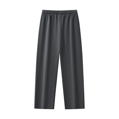 Gray wide-legged pants with elastic waistband.