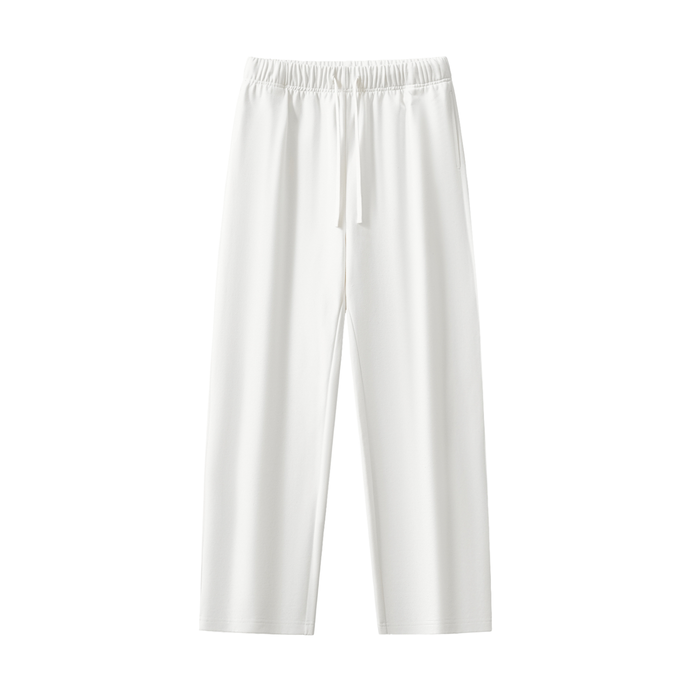 White sweatpants with a drawstring waistband.
