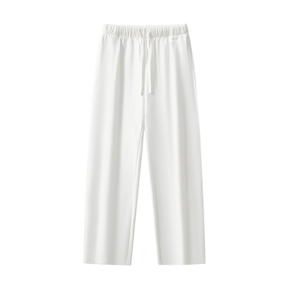 White sweatpants with a drawstring waistband.
