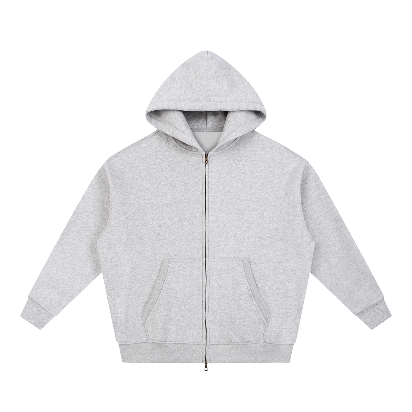 Gray zip-up hoodie.
