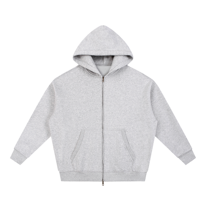 Gray zip-up hoodie.

