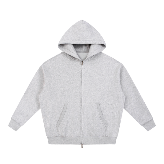 Gray zip-up hoodie.
