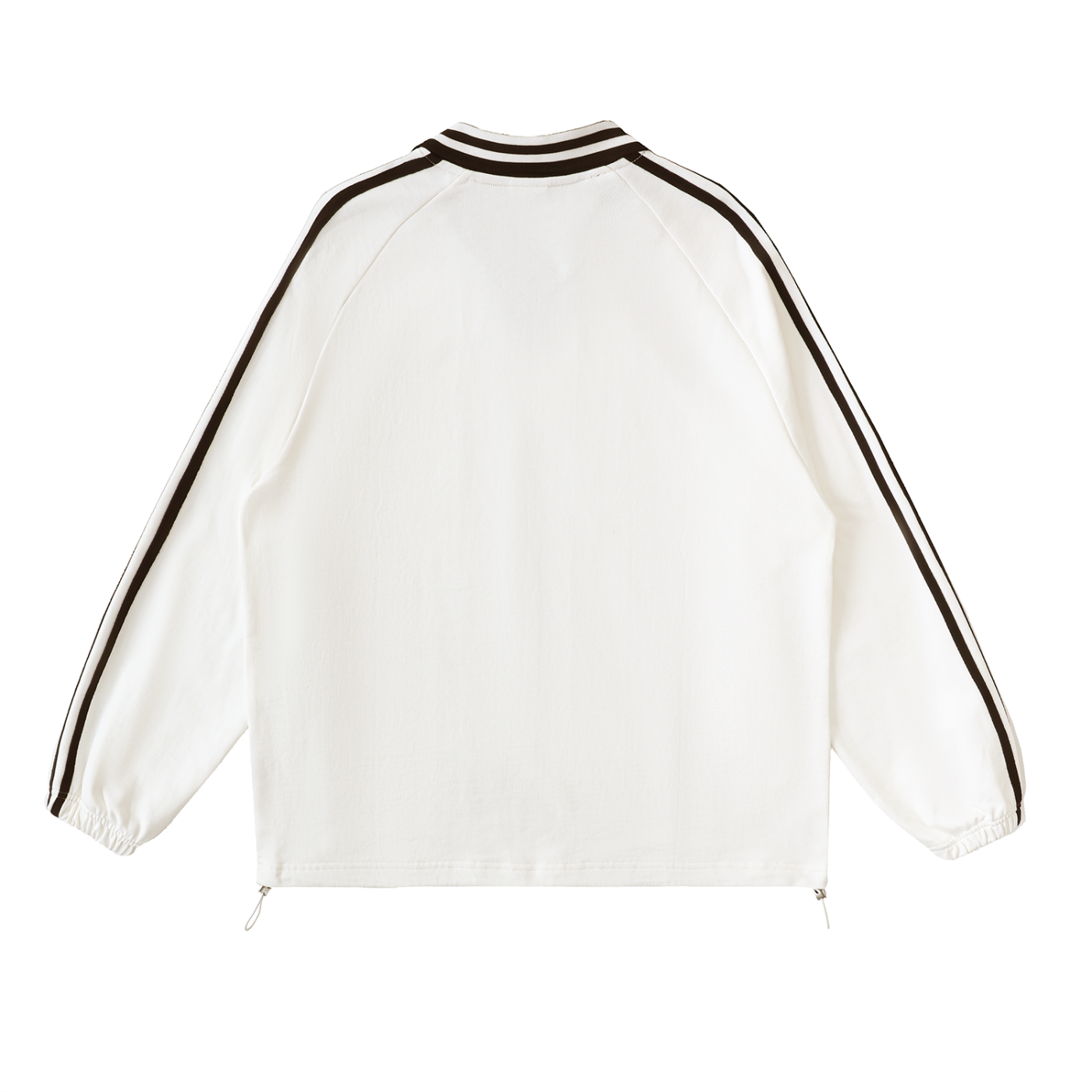 White long sleeve sweatshirt with brown stripes.