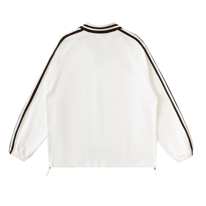 White long sleeve sweatshirt with brown stripes.