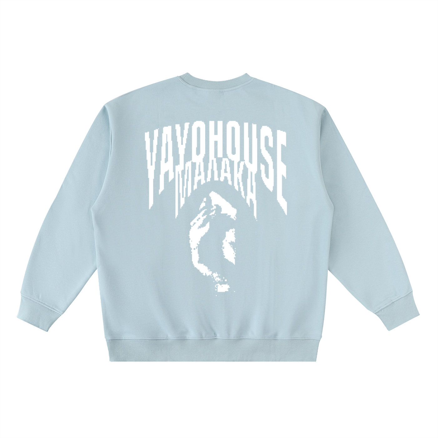 Light blue sweatshirt with white graphic on the back.