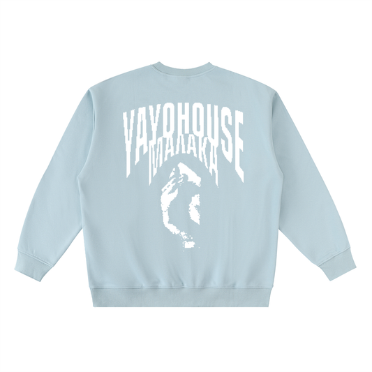Light blue sweatshirt with white graphic on the back.