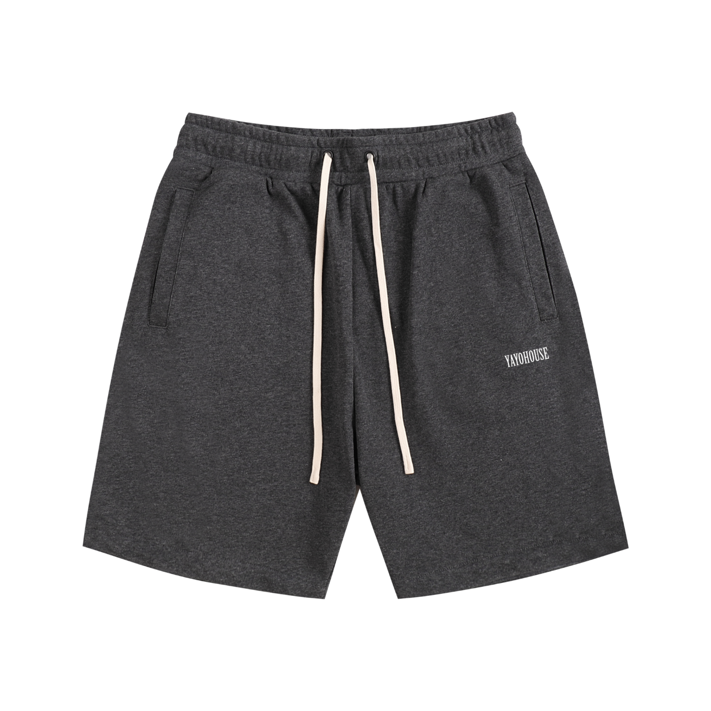 Gray cotton shorts with drawstring and pockets.