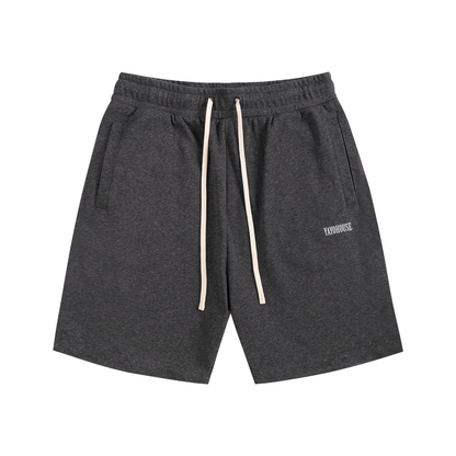 Gray cotton shorts with drawstring and pockets.