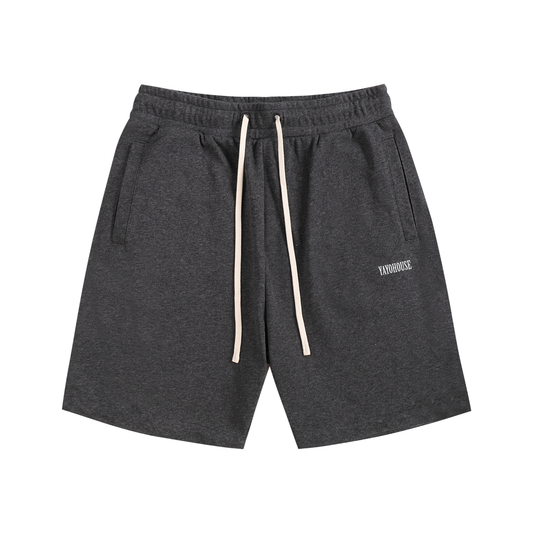 Gray cotton shorts with drawstring and pockets.