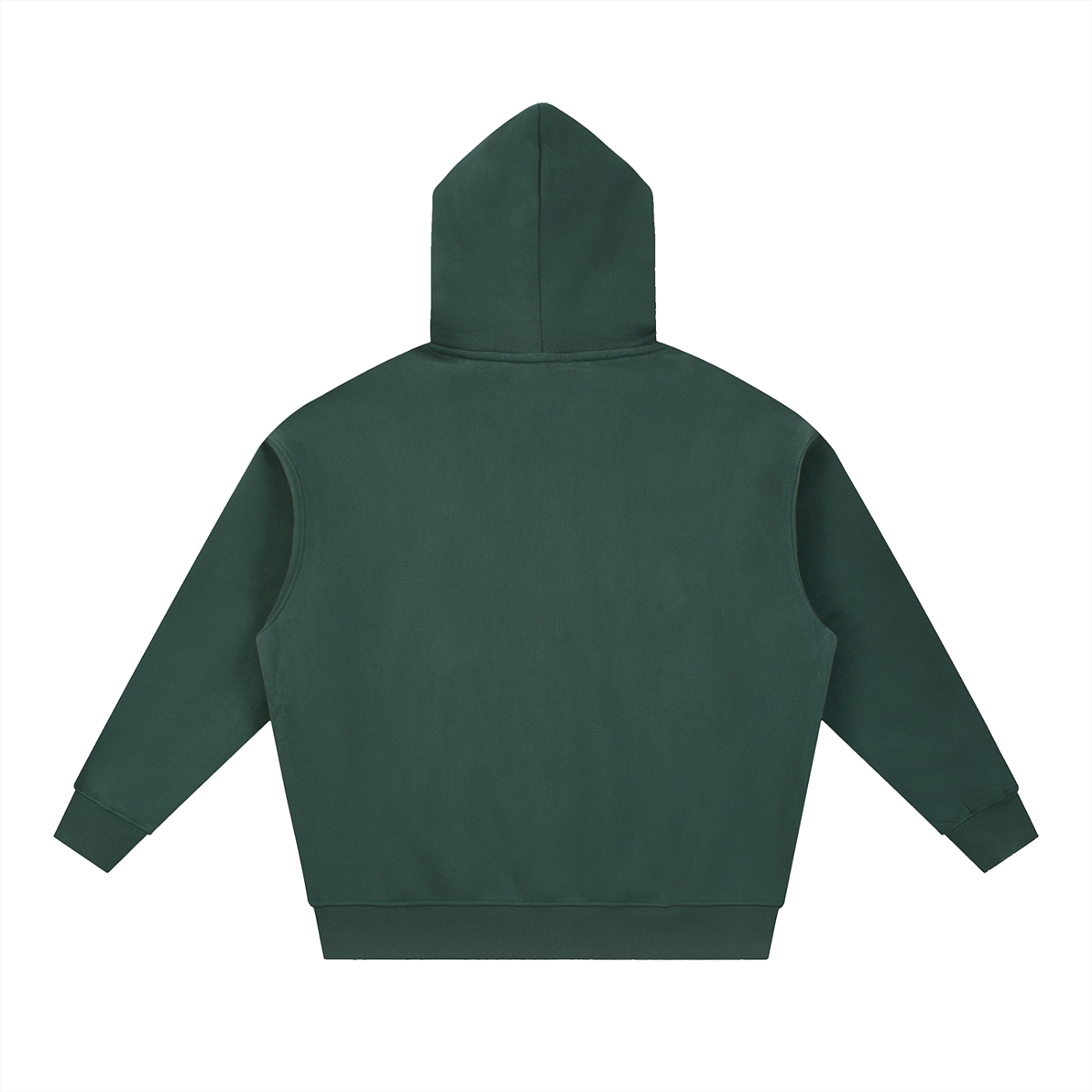 Dark green hooded sweatshirt, back view.