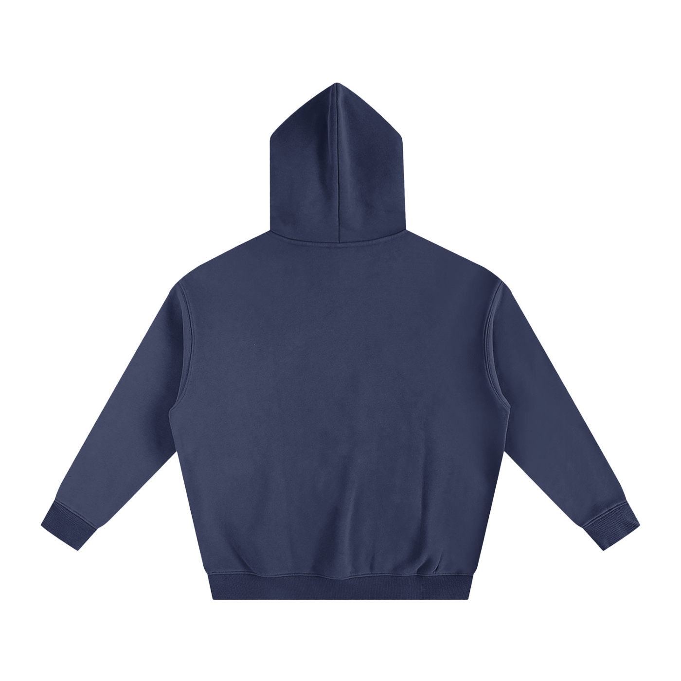 Back view of a navy blue hooded sweatshirt.
