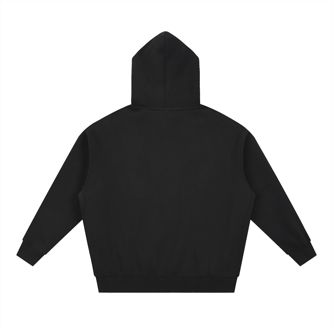 Back of a black hooded sweatshirt.