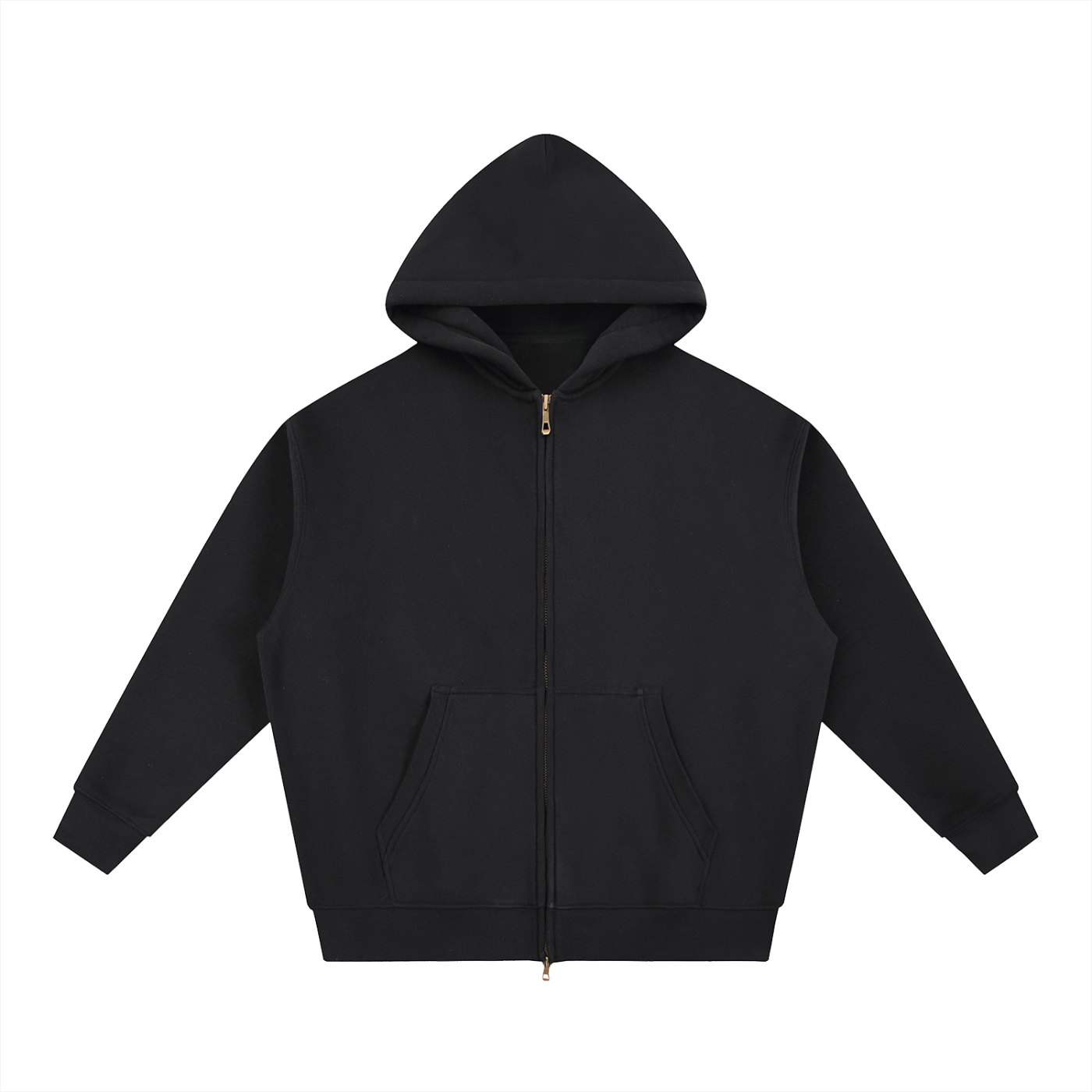 Black zip-up hoodie with hood and pockets.