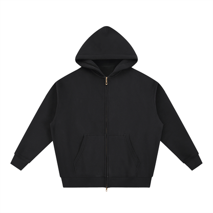 Black zip-up hoodie with hood and pockets.