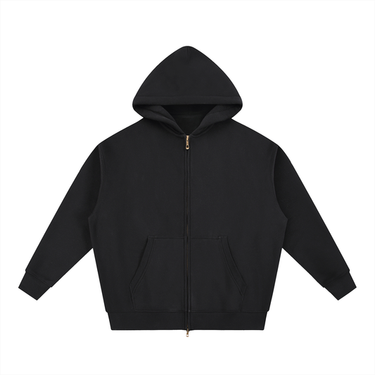 Black zip-up hoodie with hood and pockets.