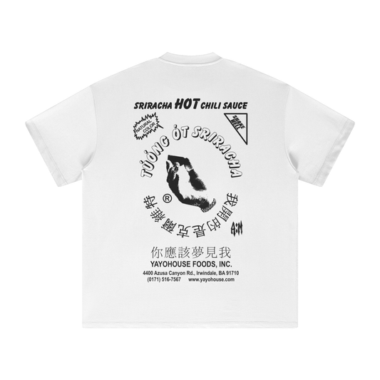 White t-shirt with Sriracha sauce graphic on the back.
