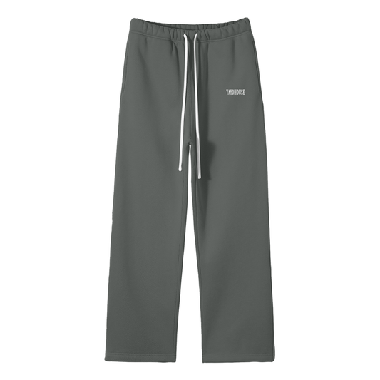Gray sweatpants with white drawstring.

