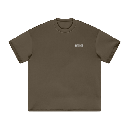 Brown t-shirt with white logo.