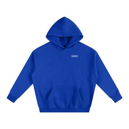 Blue hoodie with front pocket and white logo.