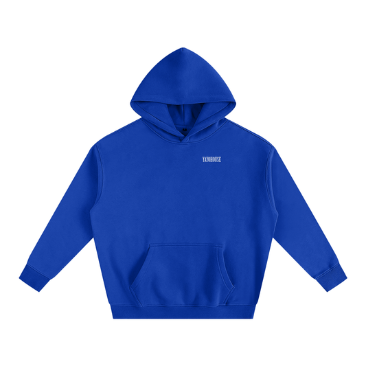 Blue hoodie with front pocket and white logo.