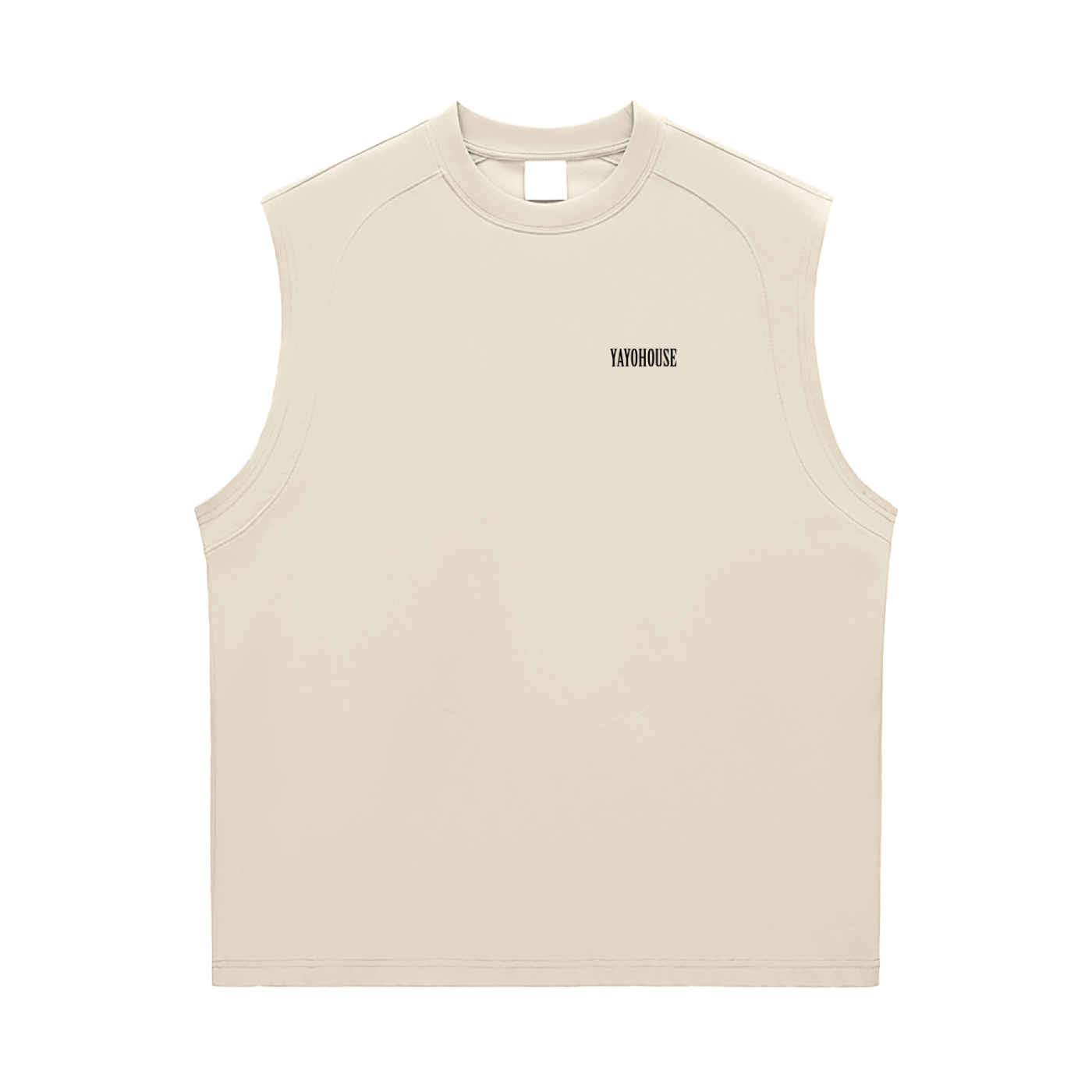 Beige sleeveless shirt with "YAYOHOUSE" logo.