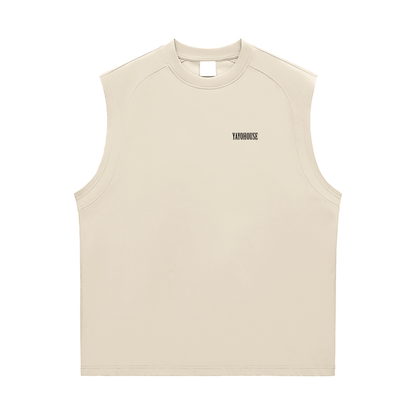Beige sleeveless shirt with "YAYOHOUSE" logo.