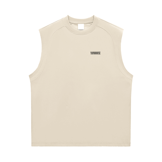Beige sleeveless shirt with "YAYOHOUSE" logo.