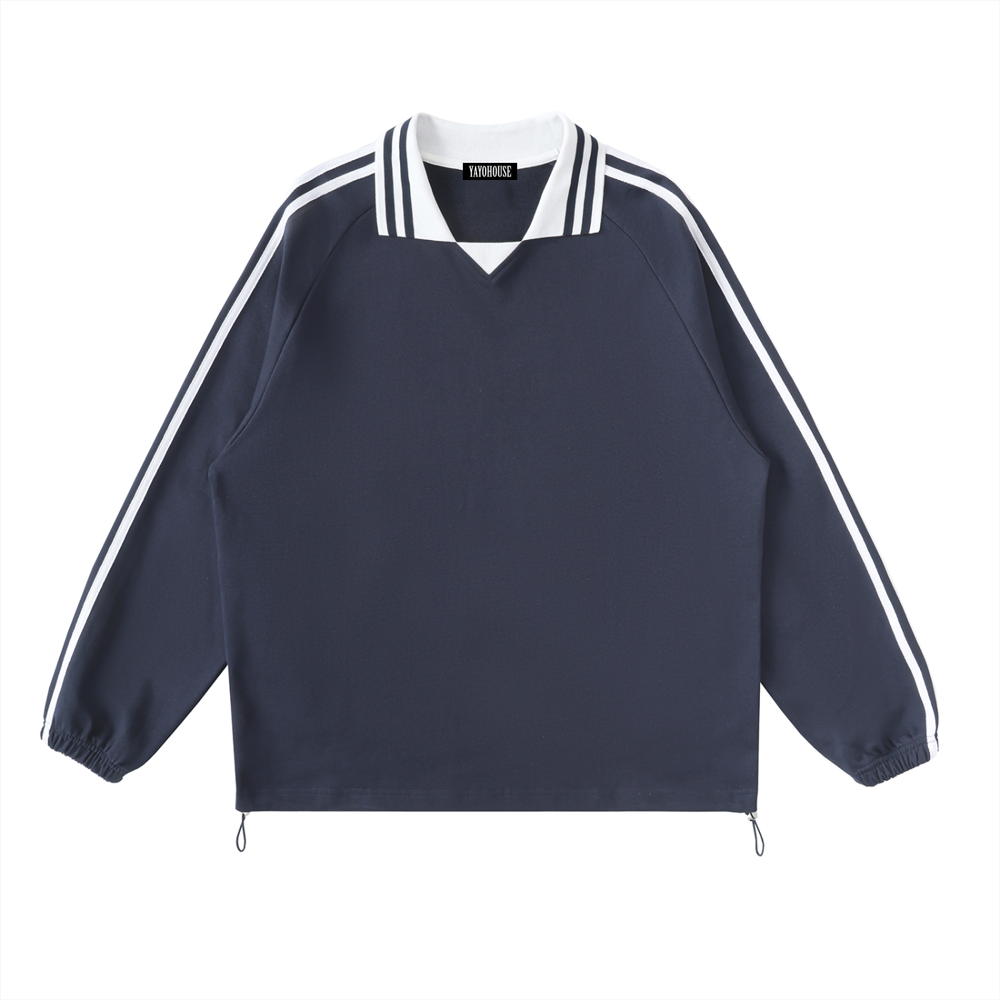 Navy long-sleeve polo shirt with white stripes.
