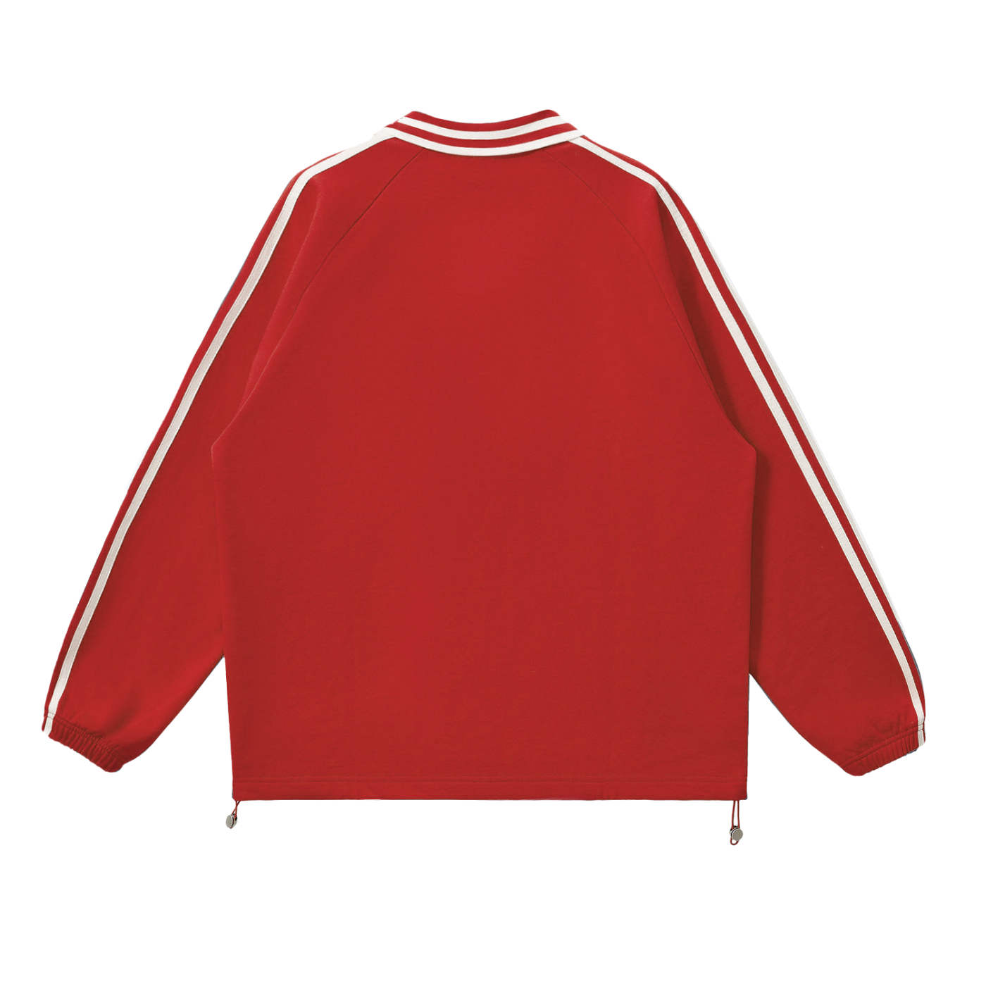 Red and white long-sleeve track jacket.
