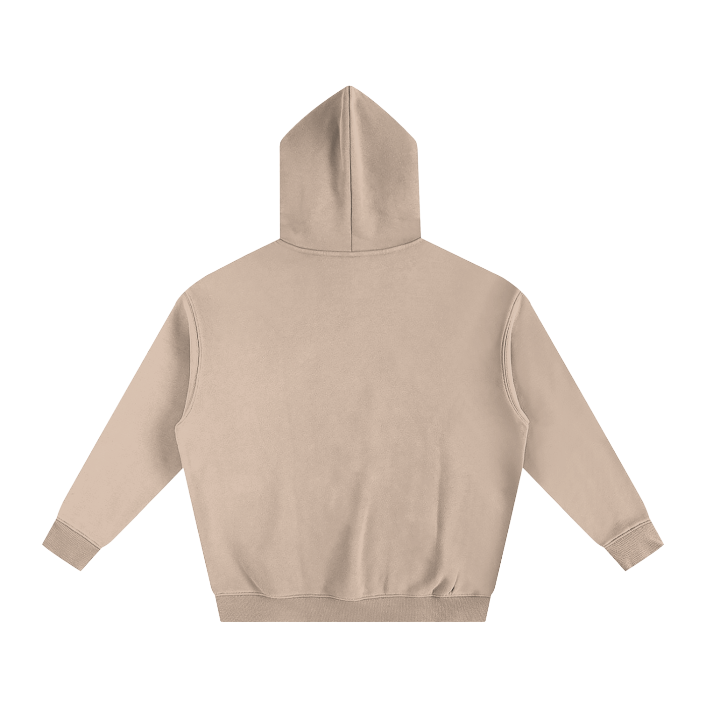 Back view of a beige hooded sweatshirt.