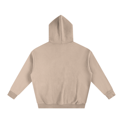 Back view of a beige hooded sweatshirt.
