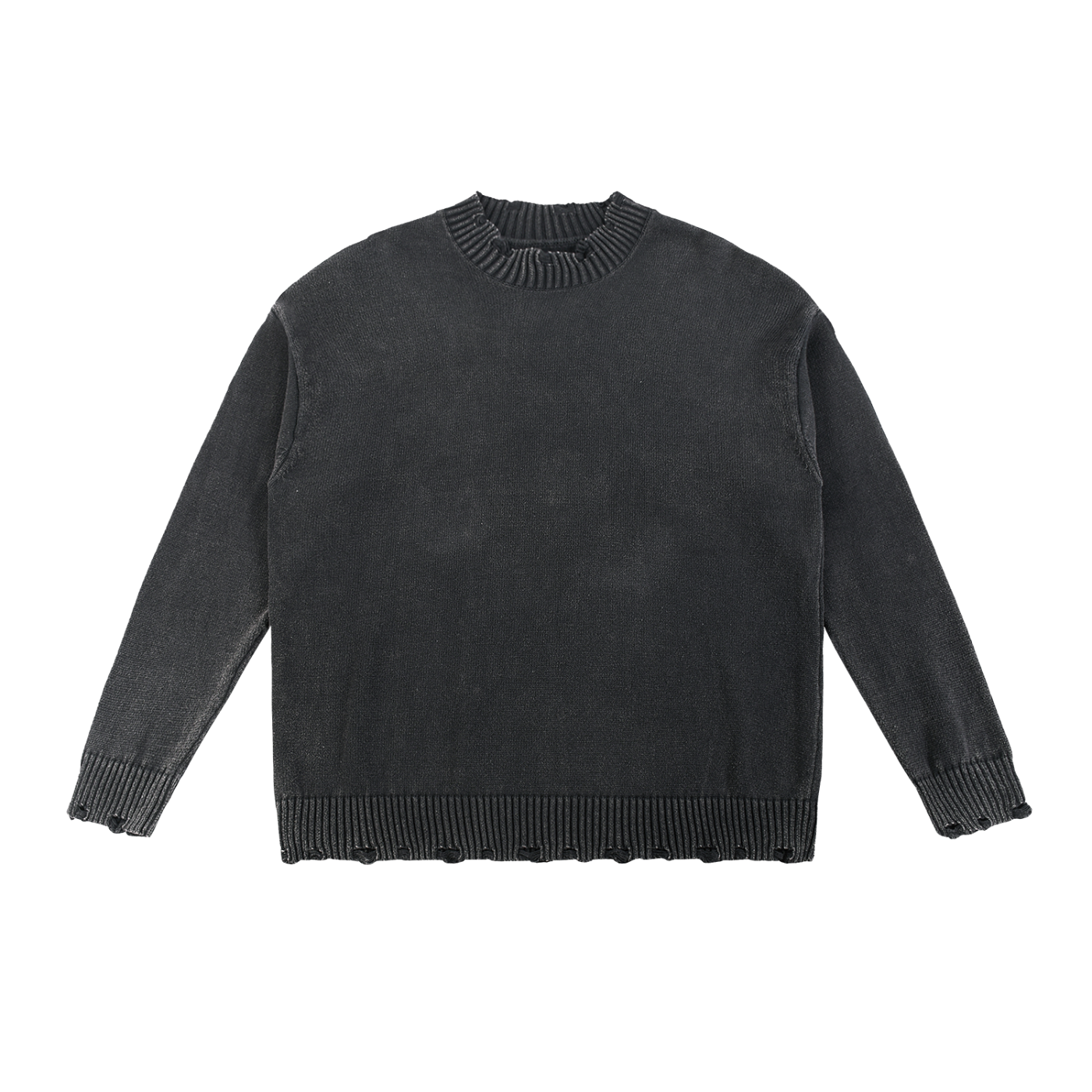 Black knit sweater with ribbed detailing.