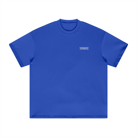 Blue crew neck t-shirt with white text.