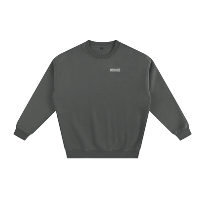 Gray sweatshirt with white logo.