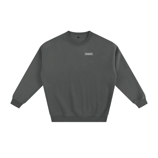Gray sweatshirt with white logo.