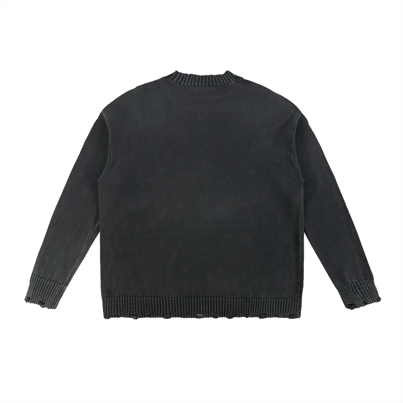 Black distressed sweater laid flat.