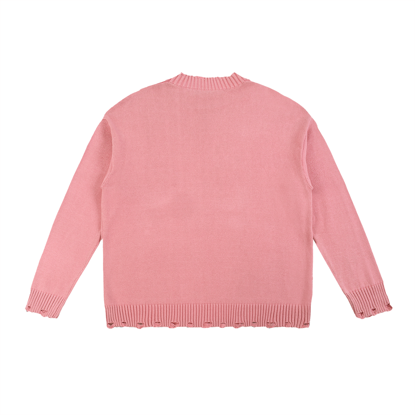 Pink knit sweater with distressed details.
