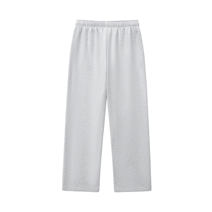 Grey sweatpants with an elastic waist.

