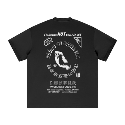Black t-shirt with a Sriracha sauce graphic.
