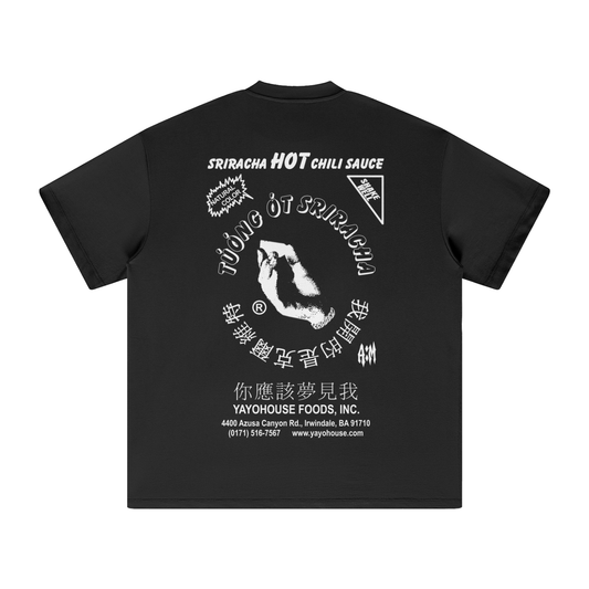 Black t-shirt with a Sriracha sauce graphic.
