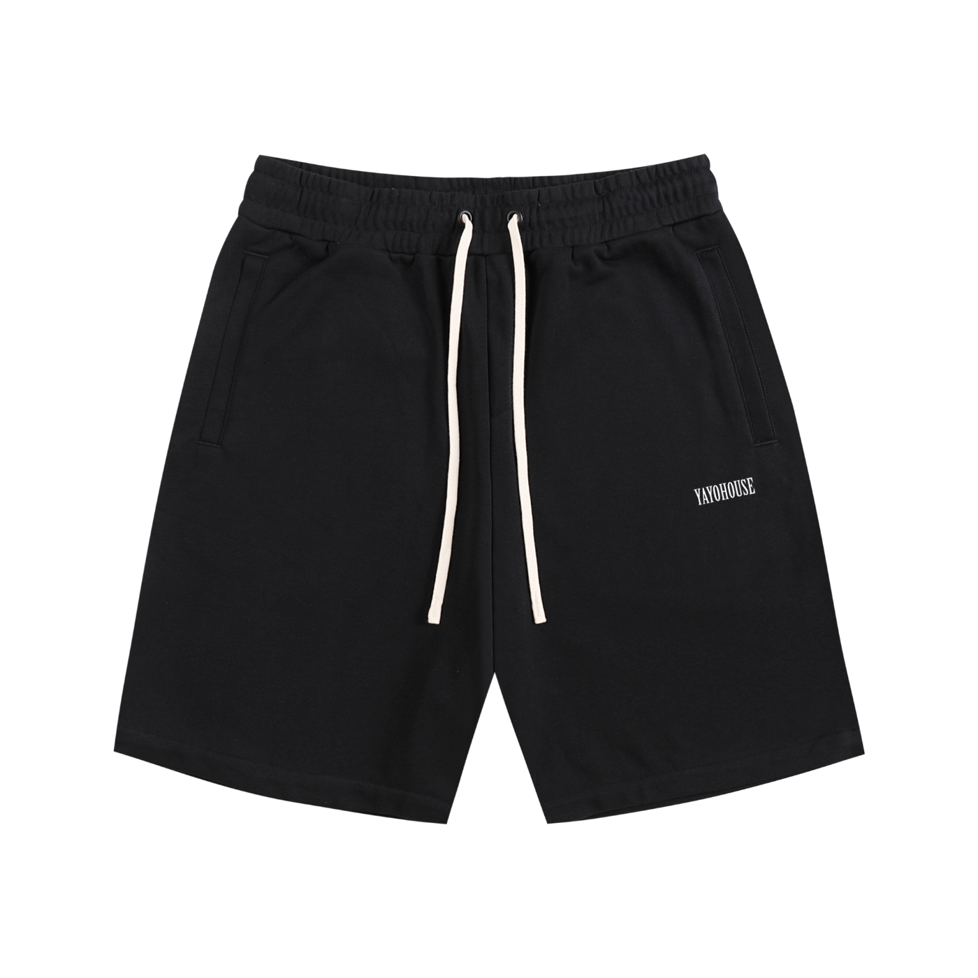 Black athletic shorts with cream-colored drawstring.